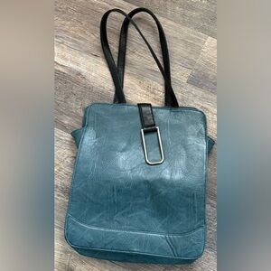 Teal Faux Leather Tote Bag with Buckle Strap. SQ